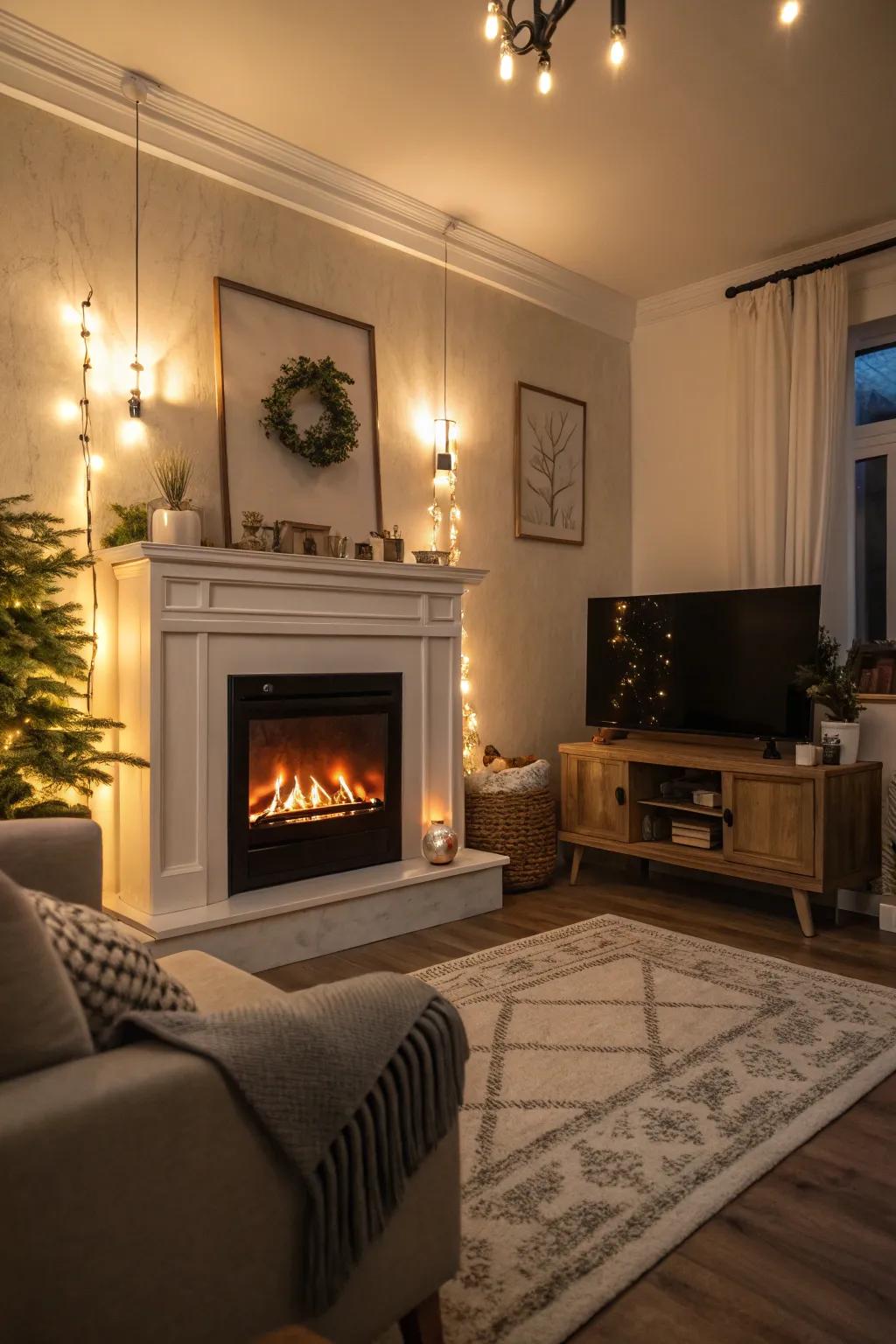 The fireplace's warmth is enhanced by ambient lighting.