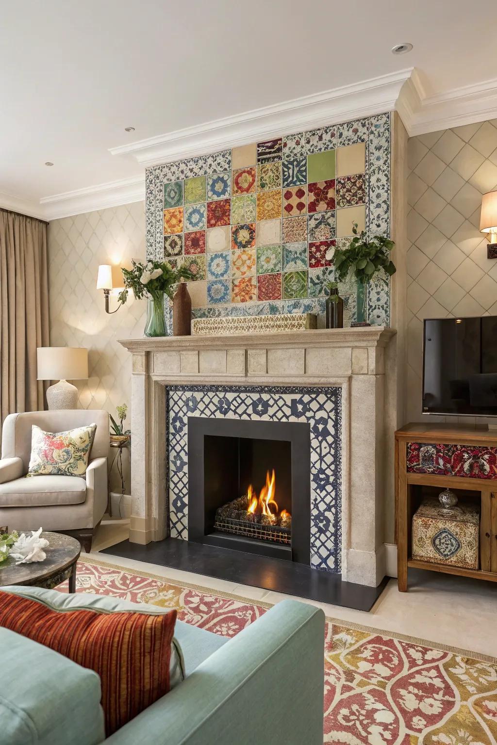 An artificial fireplace brought to life with unique decorative tiles.