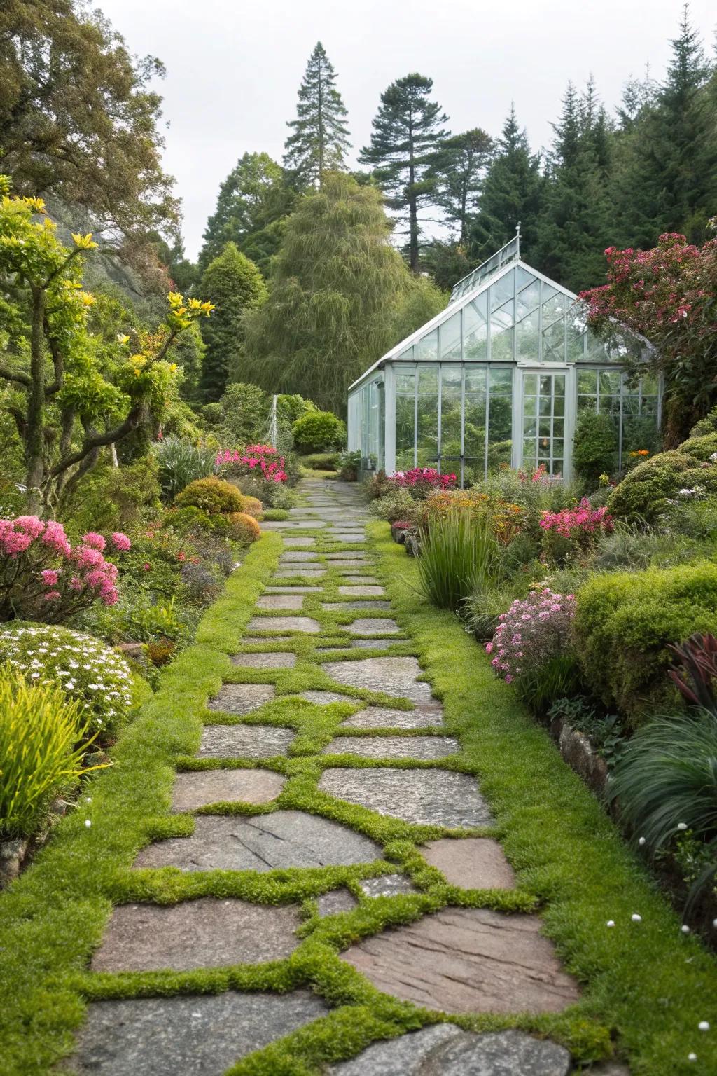 A winding garden path enticing you to explore the greenhouse.