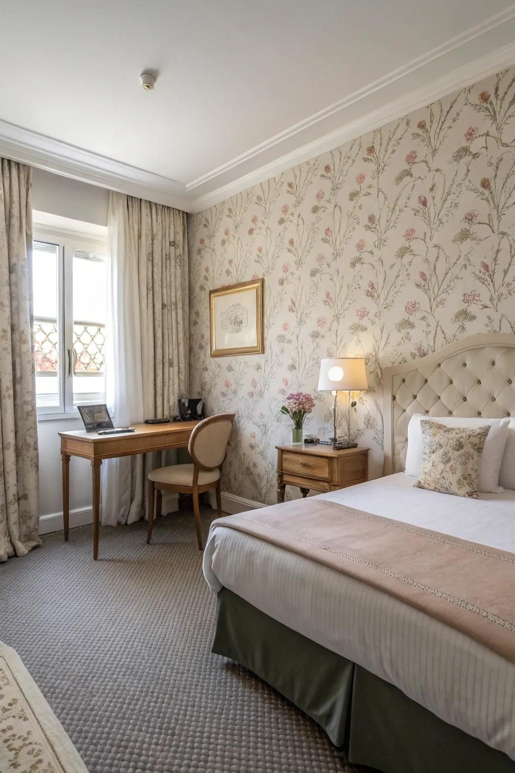A guest room enhanced with chic patterned wallpaper.