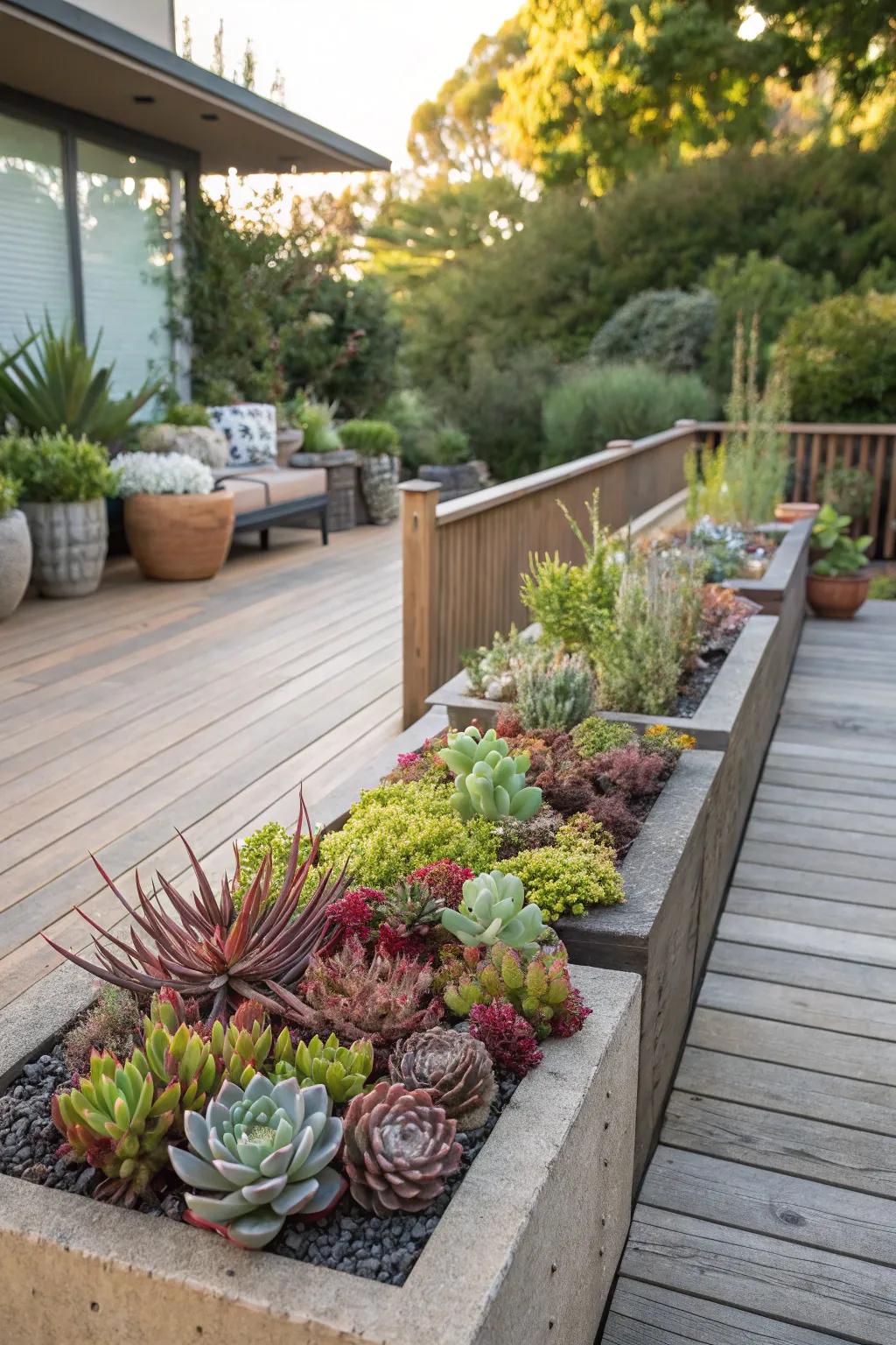 Succulents thriving in elevated planters around a deck.
