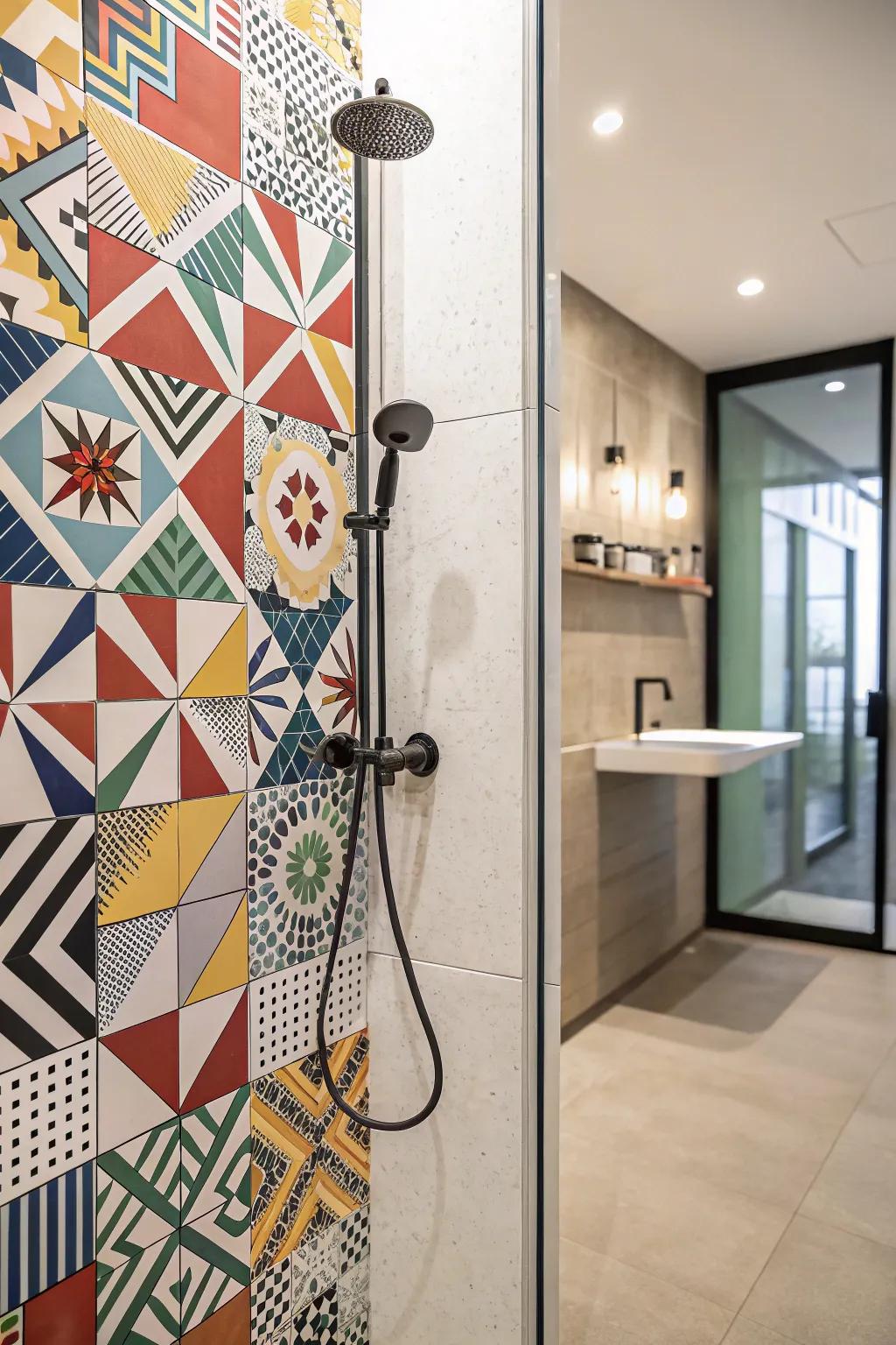 A shower featuring striking geometric-patterned stones for a contemporary design.