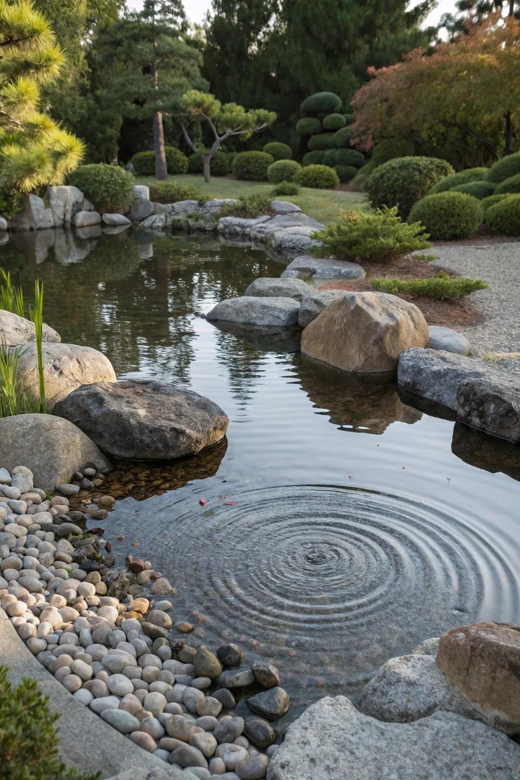 A rock garden delivering a textured perimeter for a tranquil pond.