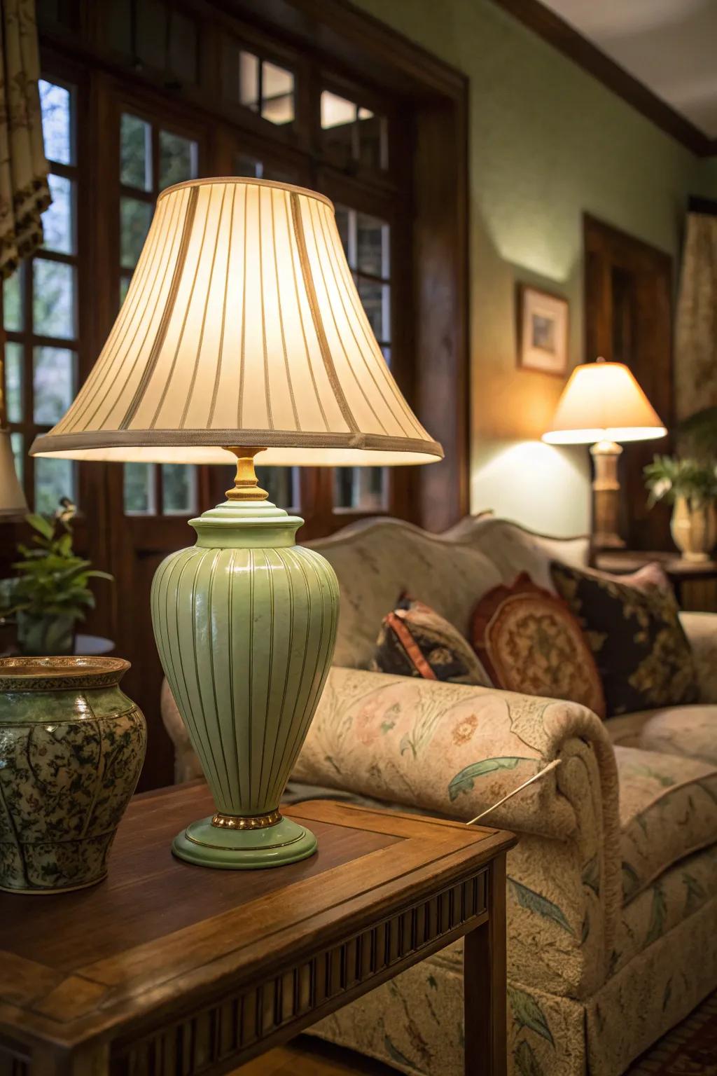A cozy room illuminated by a soft sage green illumination.