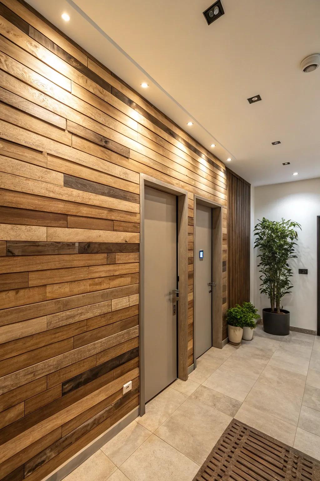 An entrance area presents a striking dual-tone wood plank wall.
