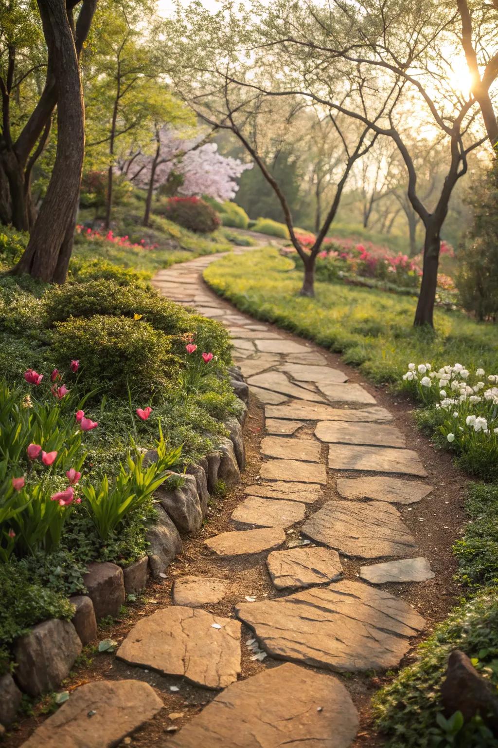Earth-toned stones fashion a welcoming and cozy garden path.