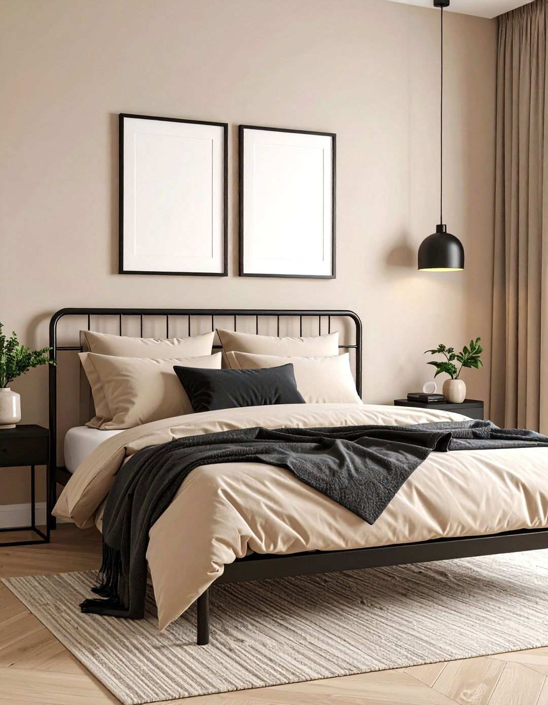 Add Black Accents for Modern Edge - 20 Beige Bedroom Ideas