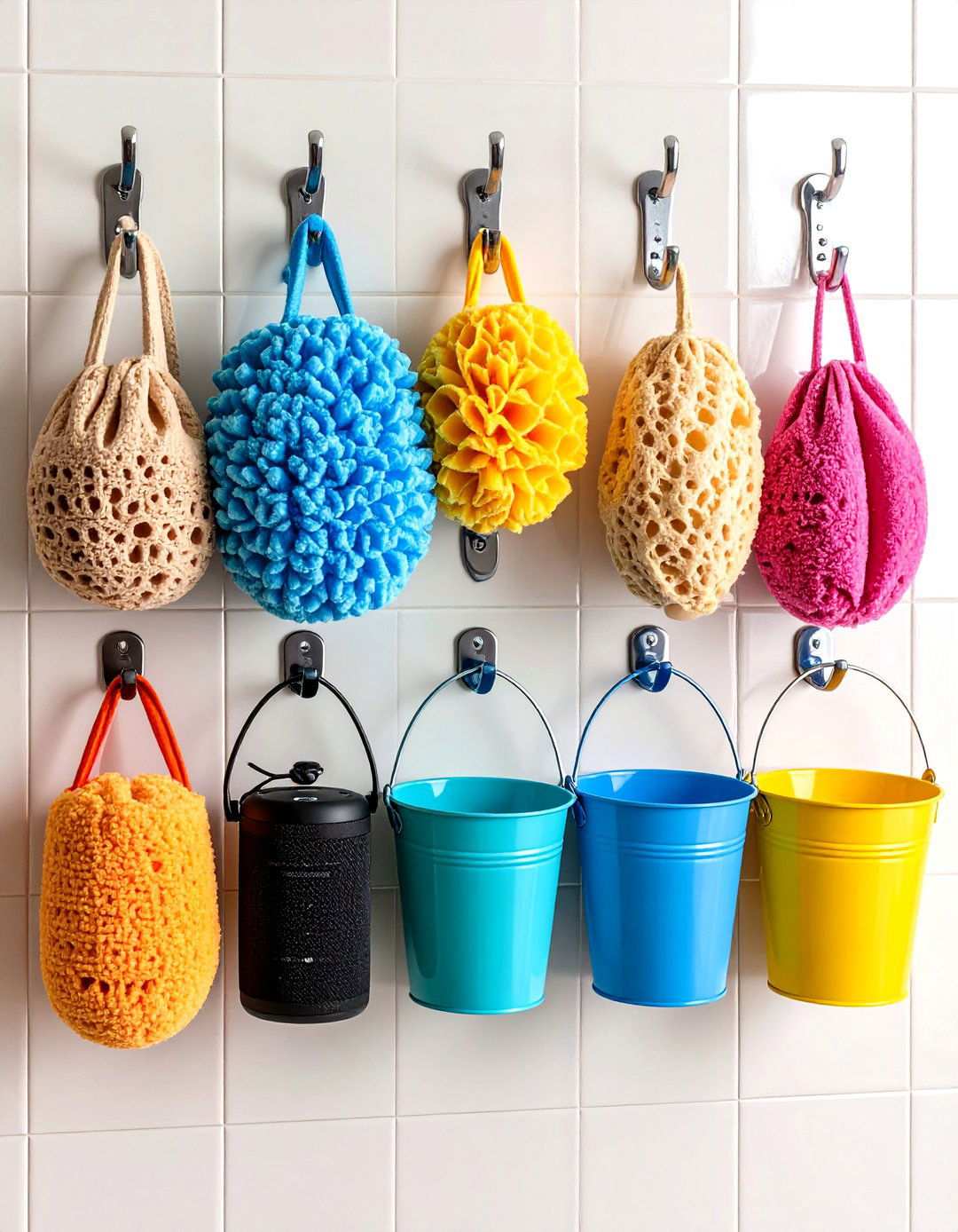 Adhesive Hooks Create Rental Friendly Bathroom Storage - 20 Bathroom Storage Ideas