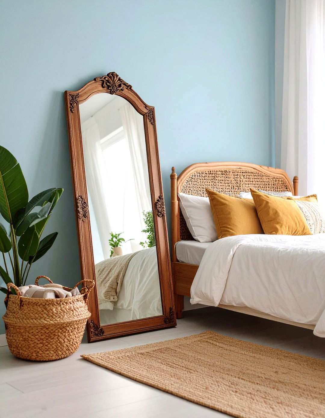 Antique Floor Mirror in a Corner Nook - 20 Bedroom Mirror Ideas