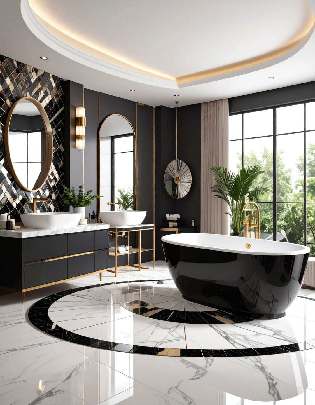 Art Deco Fan Motif Mosaic - 20 Black and White Bathroom Tile Ideas