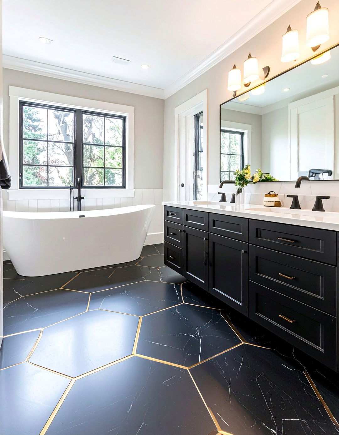 Art Deco Geometric Tile Underfoot - 20 Black and Gold Bathroom Ideas