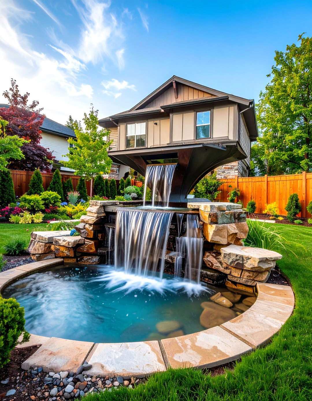 Artistic Sculpture Waterfall - 20 Backyard Waterfall Ideas