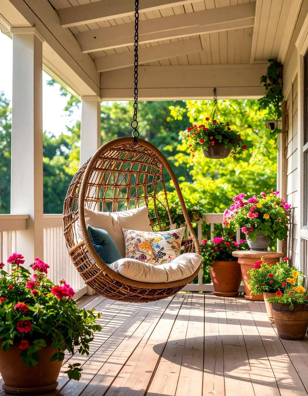 Barndominium Front Porch with Hanging Swing Seating - 20 Barndominium Front Porch Ideas