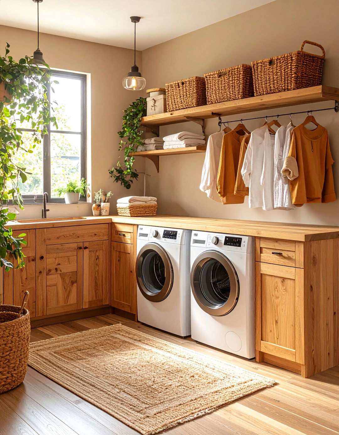 Basement Laundry Room with Natural Wood Accents - 20 basement laundry room ideas