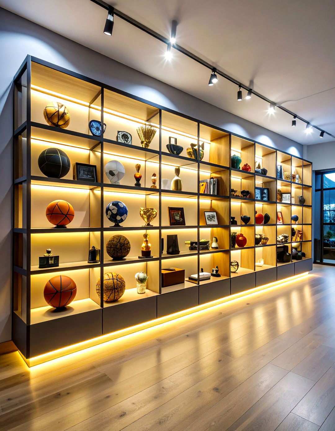 Basketball Room Decor with Memorabilia Display Shelving - 20 basketball room decor ideas