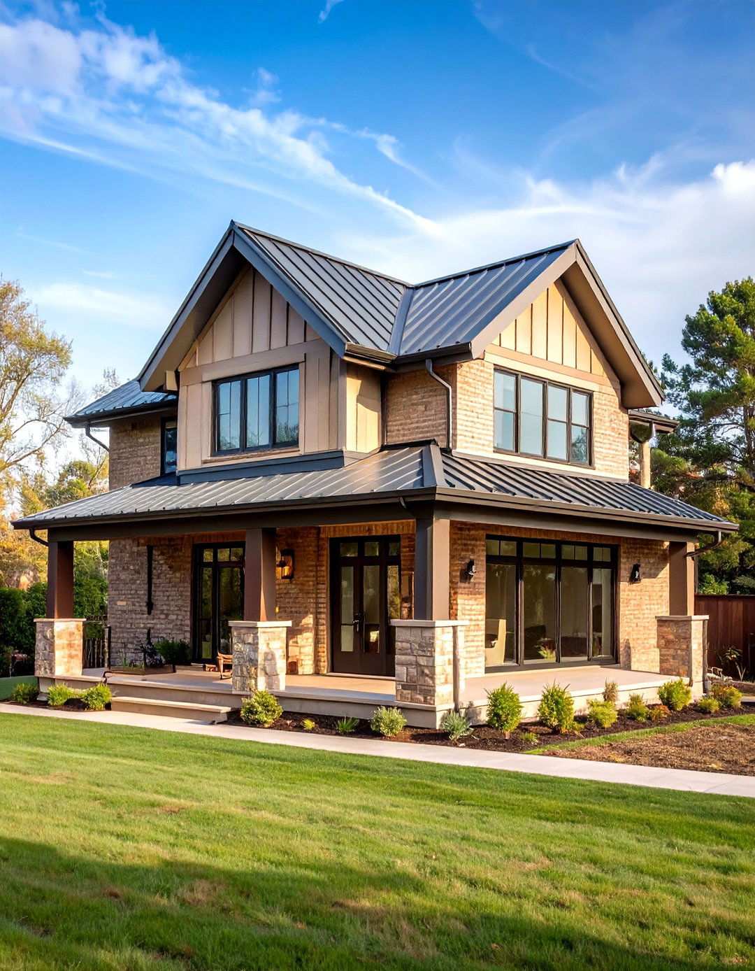 Beige Brick Meets Standing Seam Metal Roof - 20 Beige Brick Exterior Home Ideas