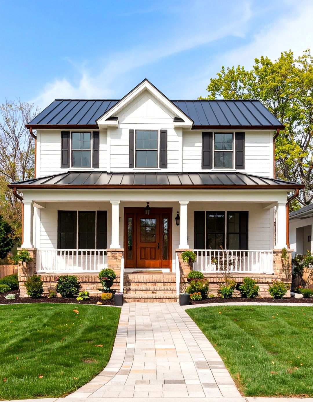 Beige Brick with White Board and Batten Upper Story - 20 Beige Brick Exterior Home Ideas