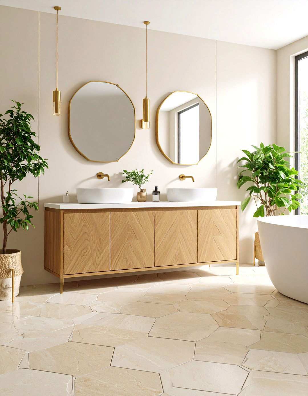 Beige Limestone Bathroom With Hexagon Tile Floor - 20 Bathrooms With Hexagon Tile Floors