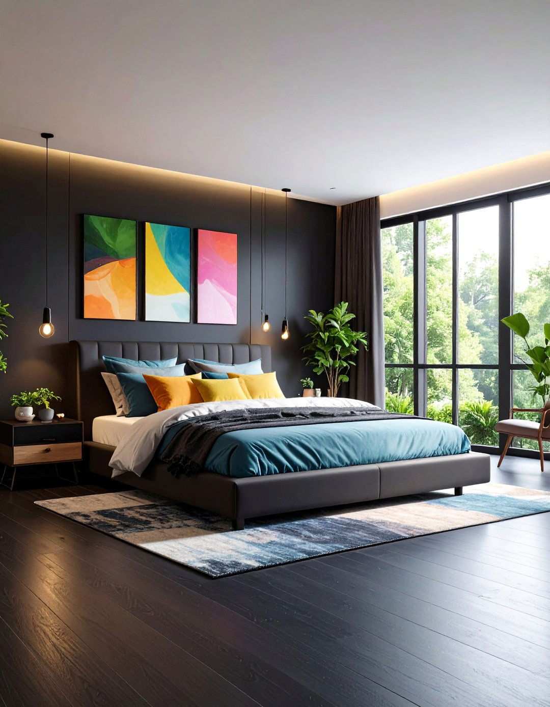 Black Accent Wall Extends the Horizon - 20 Black Floor Bedroom Ideas