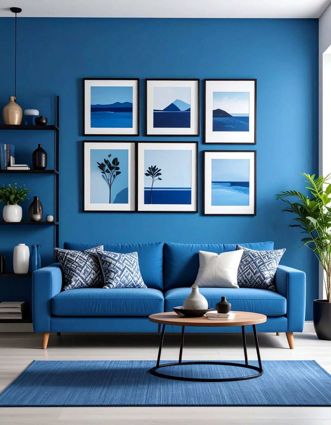 Black and Blue Art Gallery Wall - 20 Black and Blue Living Room Ideas