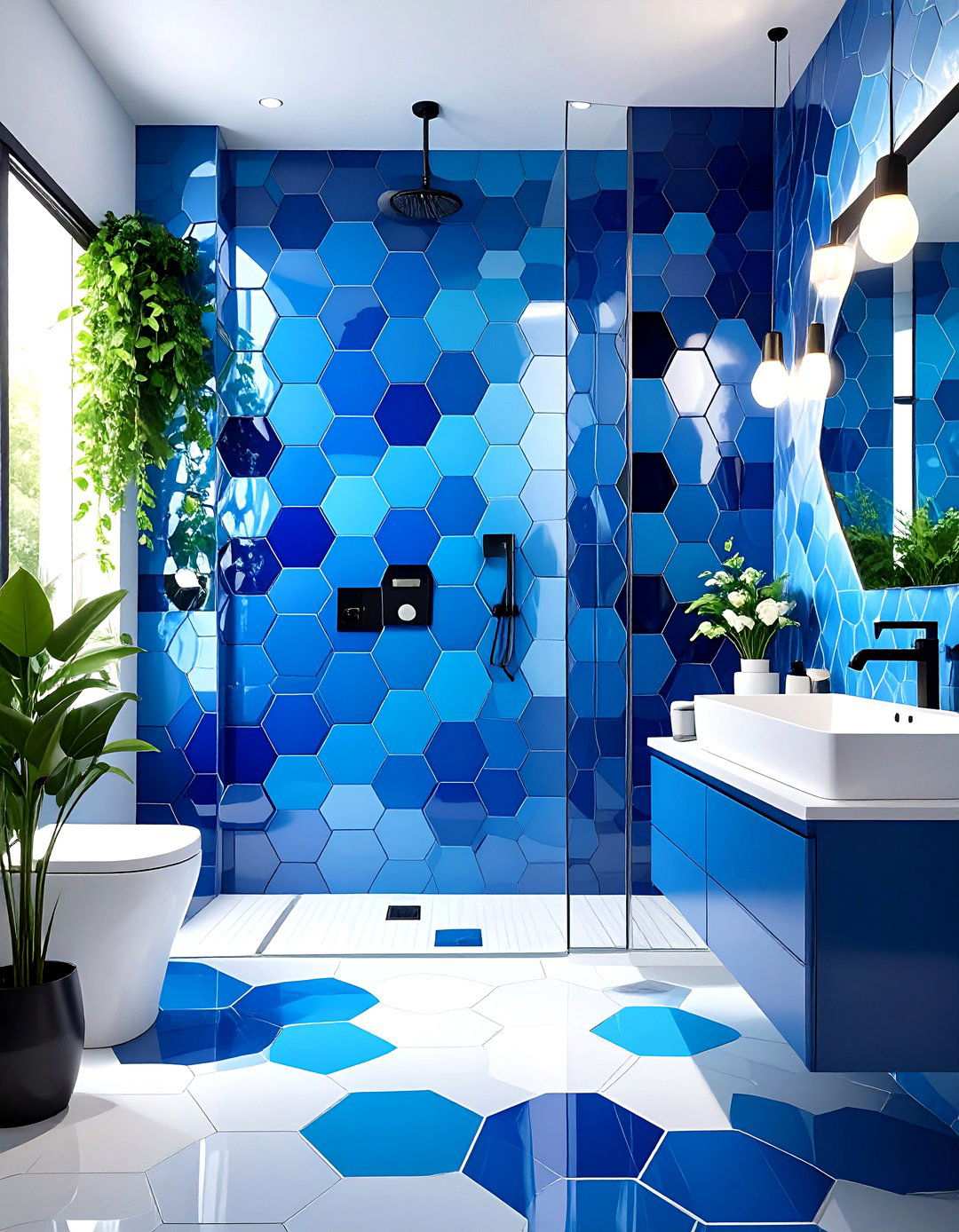Black and Blue Hexagon Mosaic Statement Wall - 20 black and blue bathroom ideas