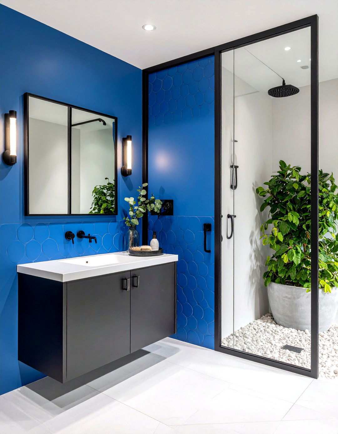Black and Blue Penny Round Tile Accent Border - 20 black and blue bathroom ideas