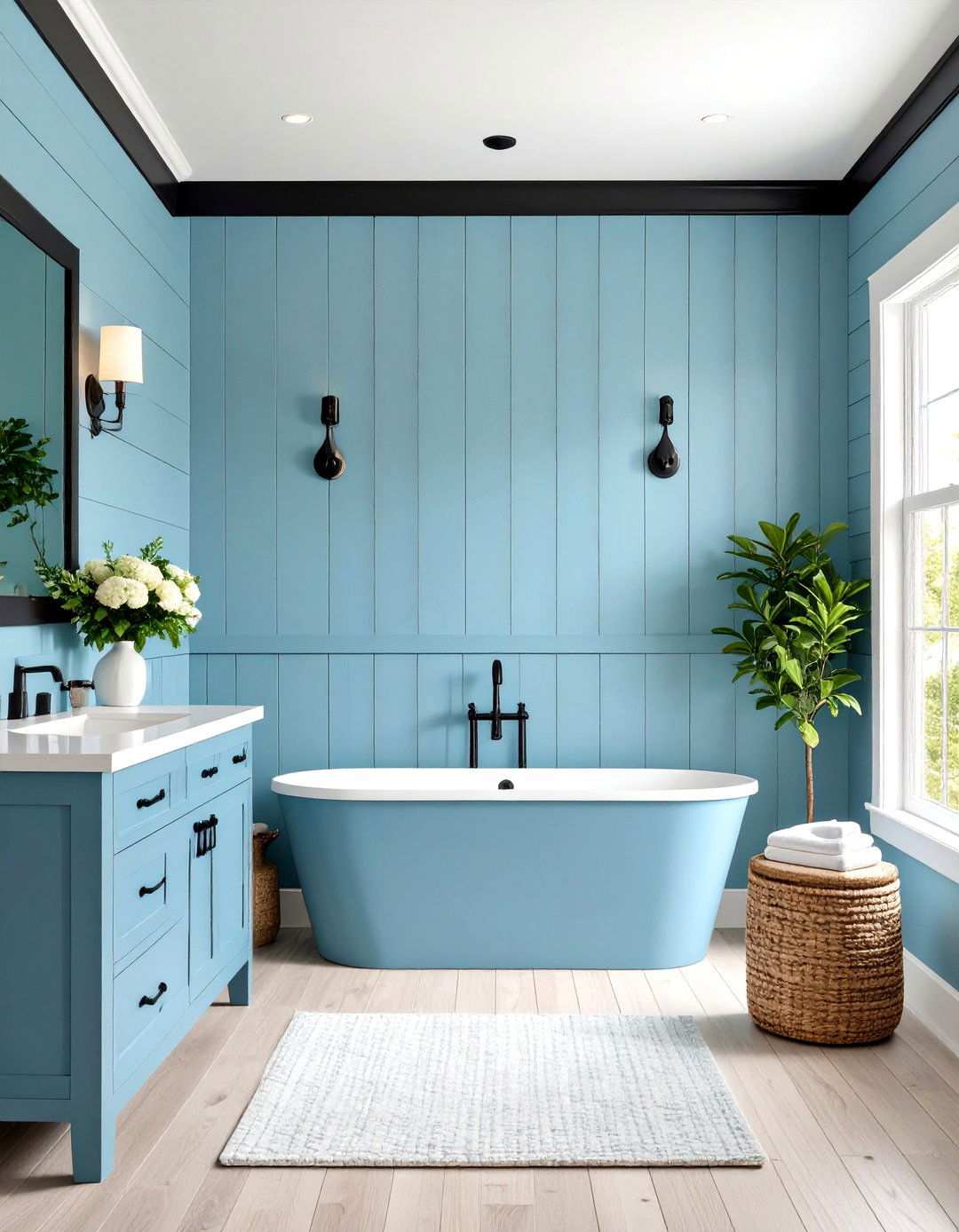 Black and Blue Shiplap Accent Wall Treatment - 20 black and blue bathroom ideas