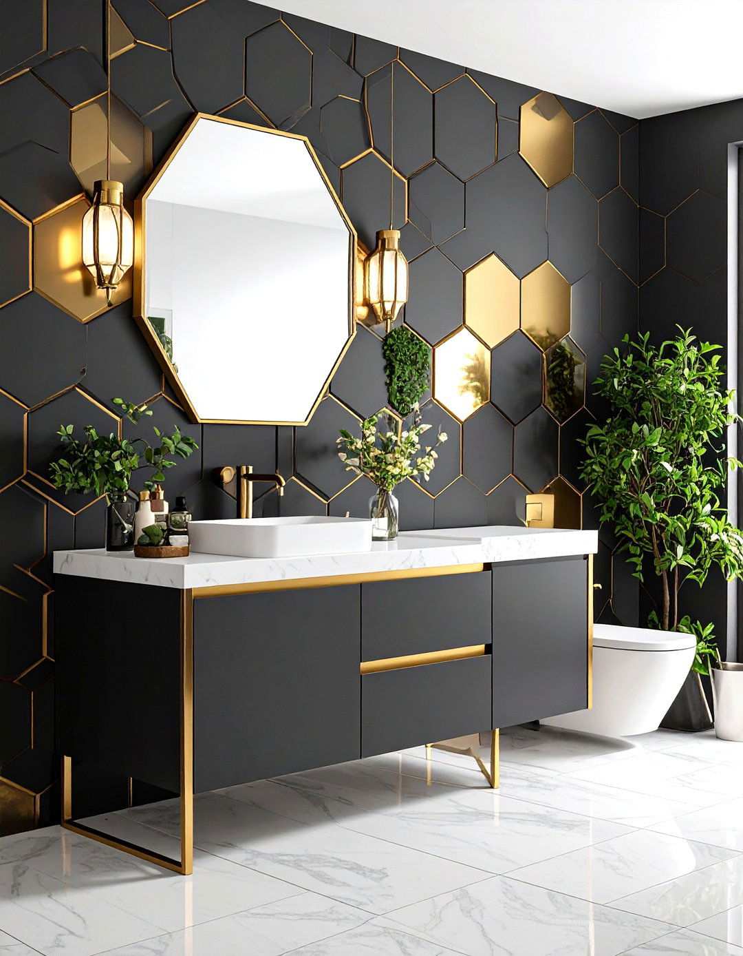 Black and Gold Geometric Tile Powder Room - 20 black and gold powder room ideas