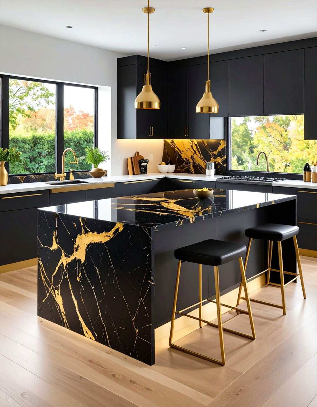 Black and Gold Kitchen Island with Striking Marble Veining - 20 Black and Gold Kitchen Ideas