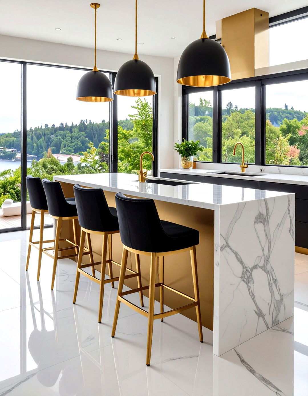 Black and Gold Kitchen Seating with Metallic Bar Stools - 20 Black and Gold Kitchen Ideas