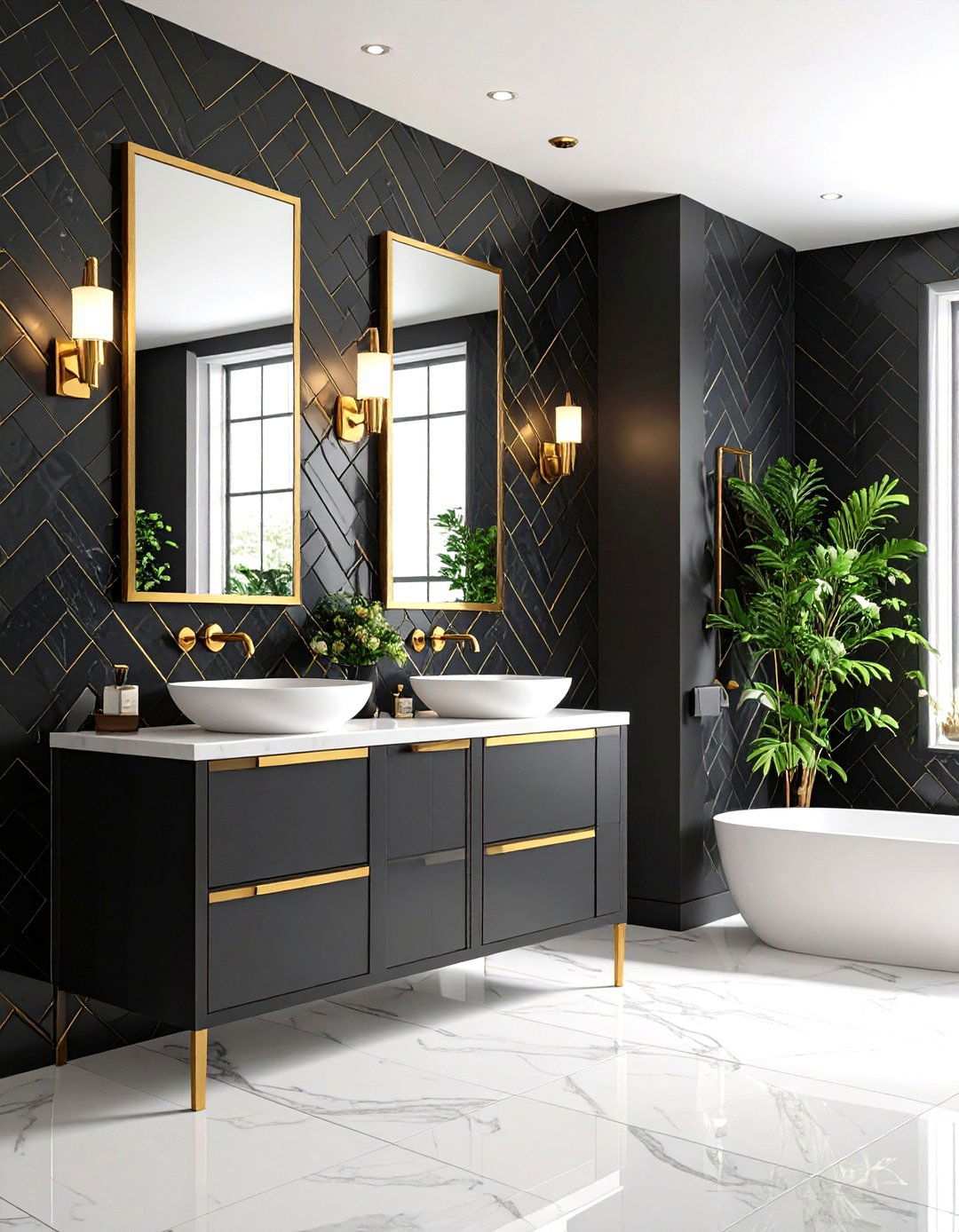 Black and Gold Subway Tile Powder Room - 20 black and gold powder room ideas