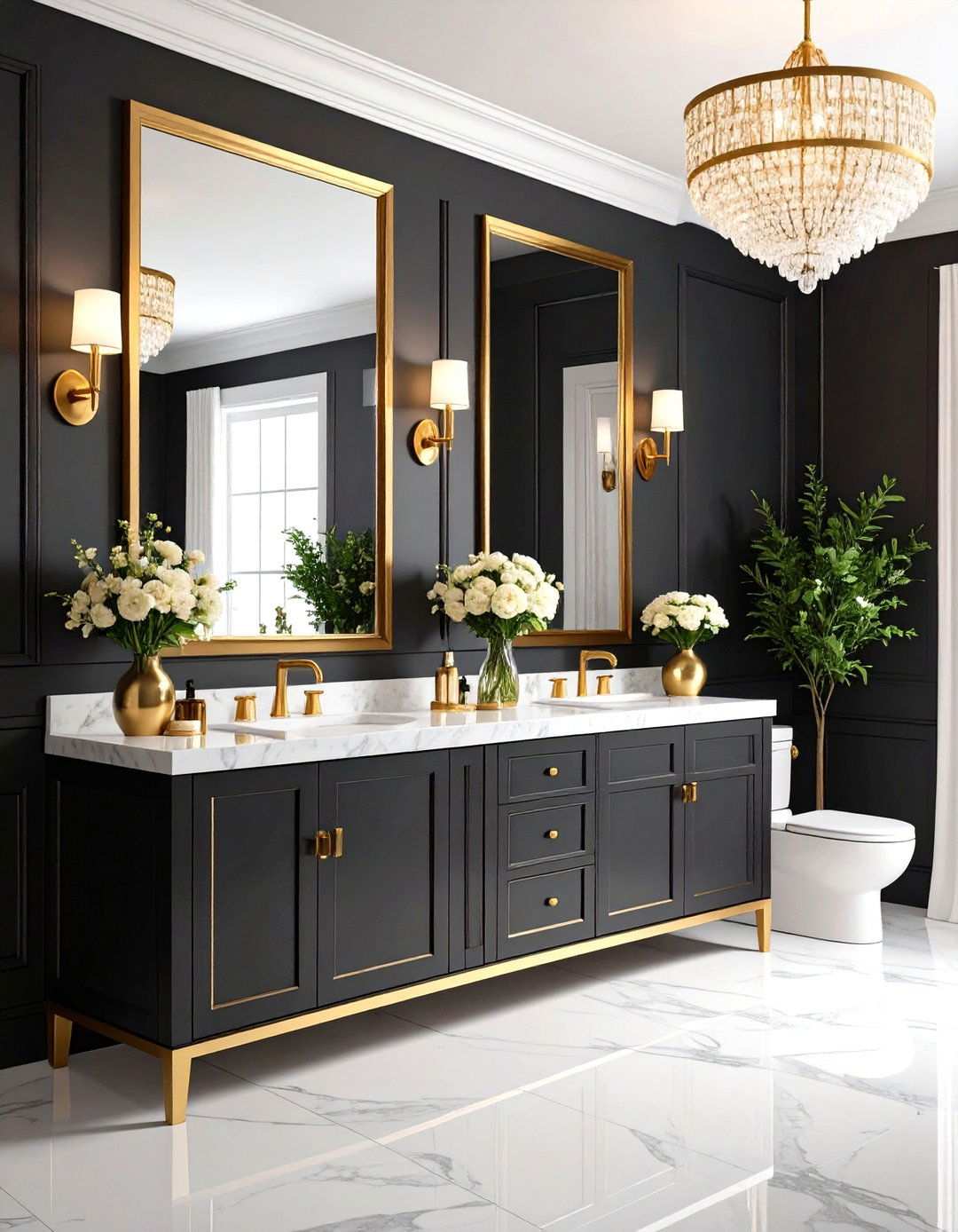 Black and Gold Traditional Wainscoting Powder Room - 20 black and gold powder room ideas