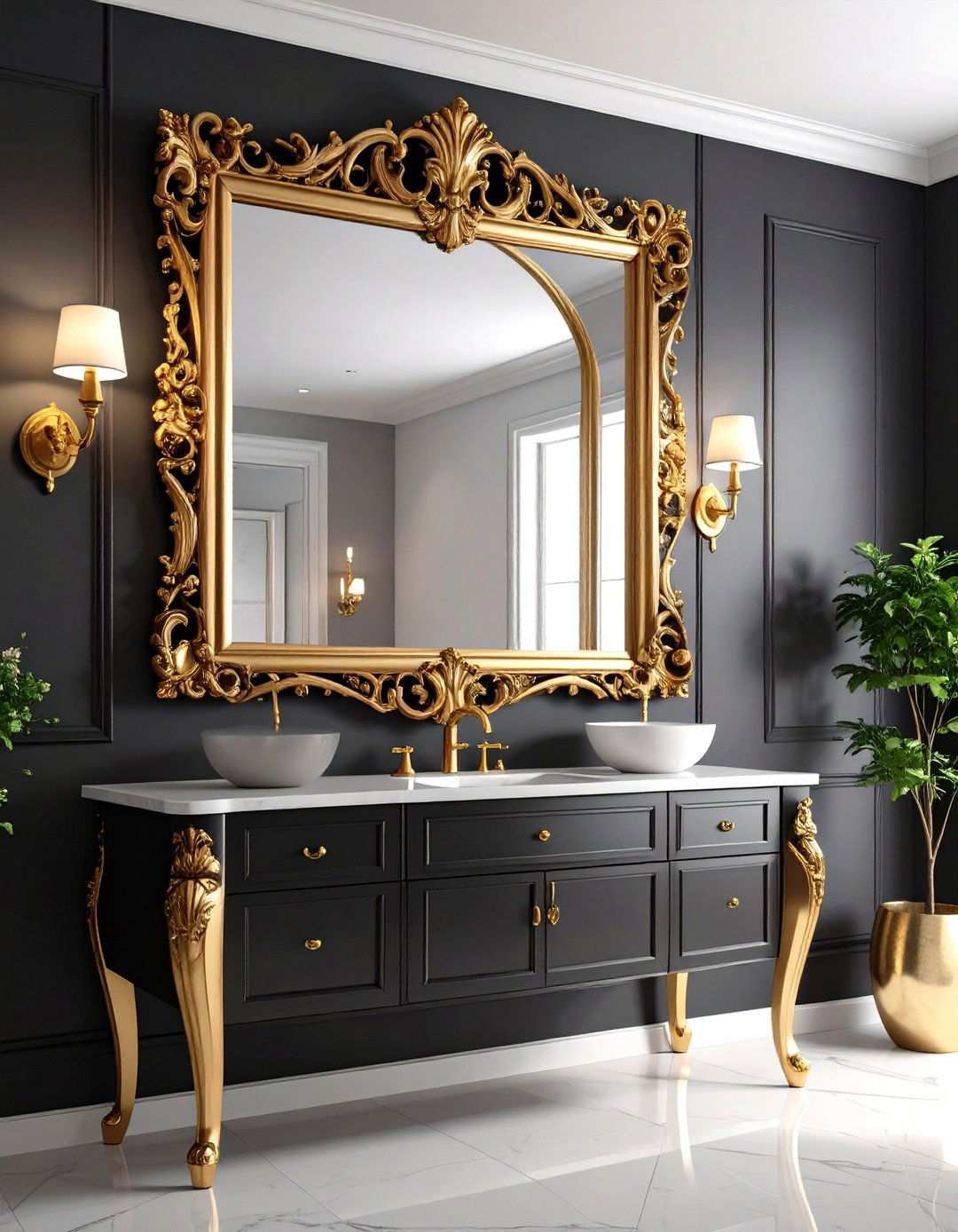 Black and Gold Vintage Mirror Powder Room - 20 black and gold powder room ideas