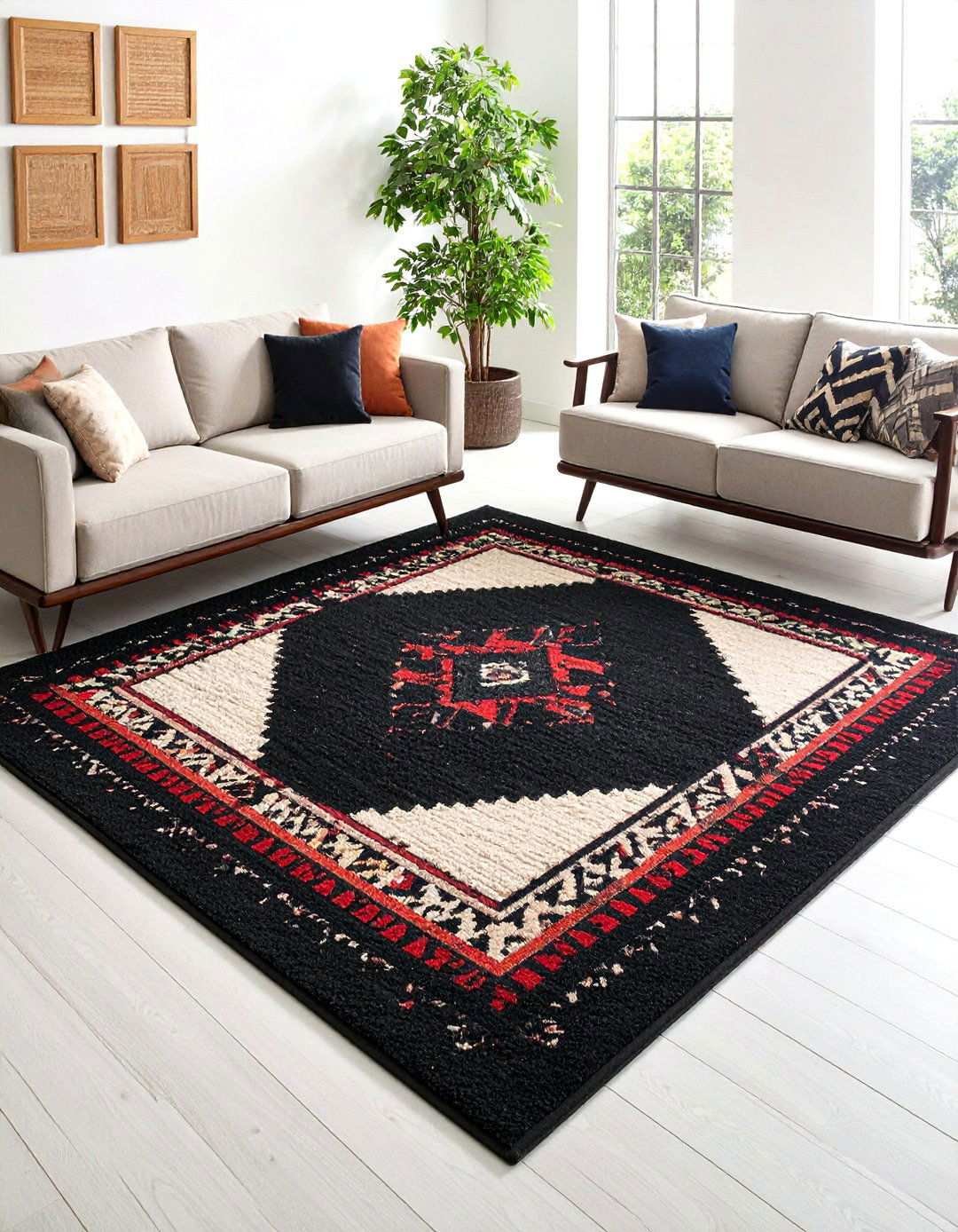 Black and Red Area Rug Grounding Scheme - 20 Black and Red Living Room Ideas