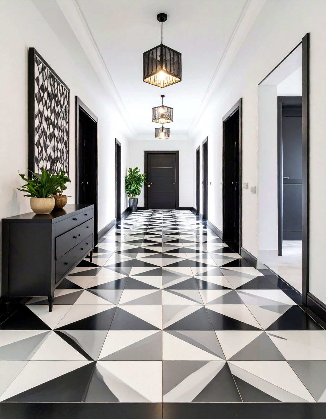 Black and White Geometric Floor Tiles - 20 Black Hallway Ideas