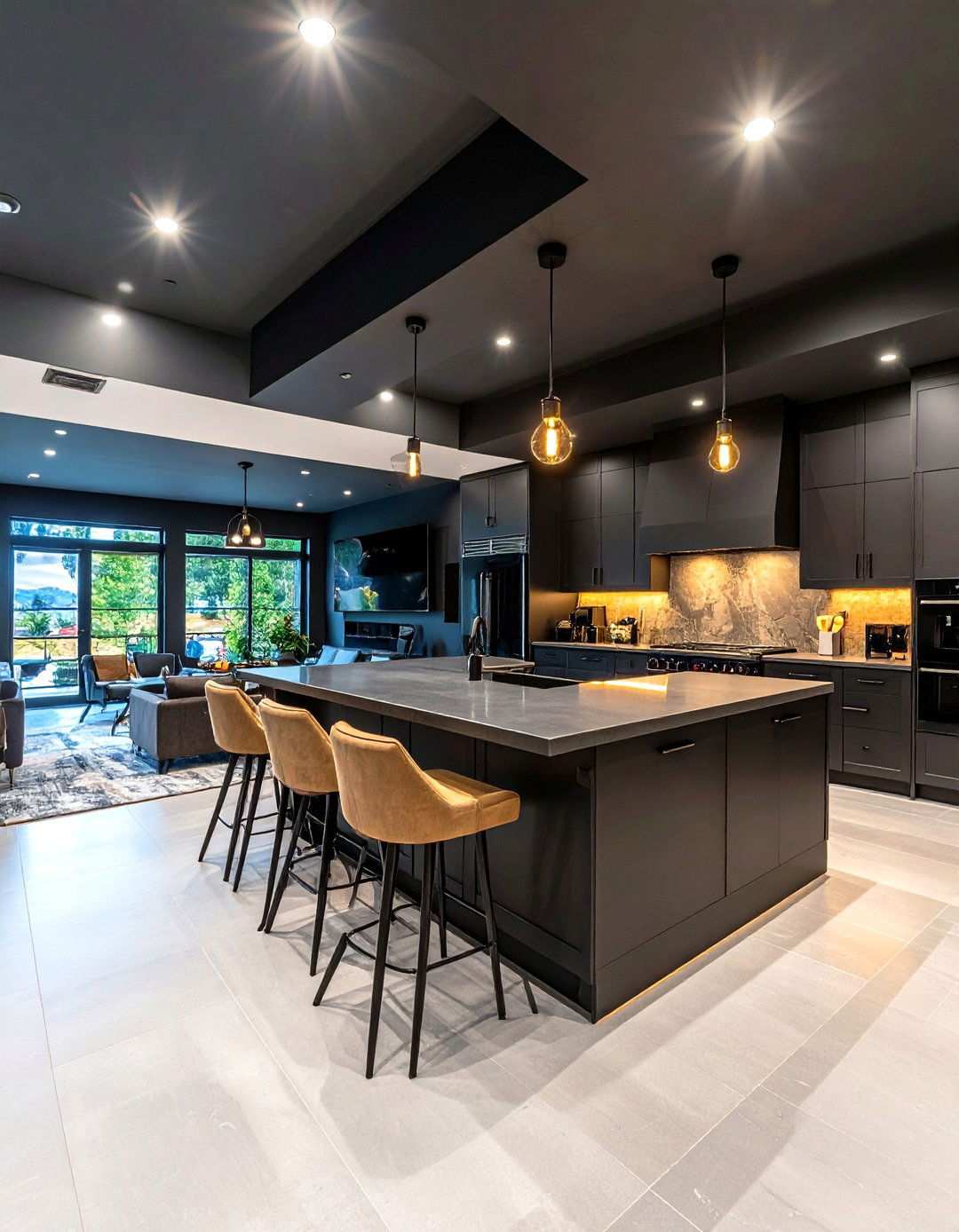 Black Basement Media Room with Bar - 20 black basement ideas