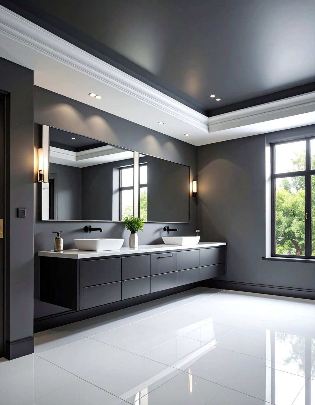 Black Bathroom Ceiling Over Mist Grey Walls - 20 Black and Grey Bathroom Ideas