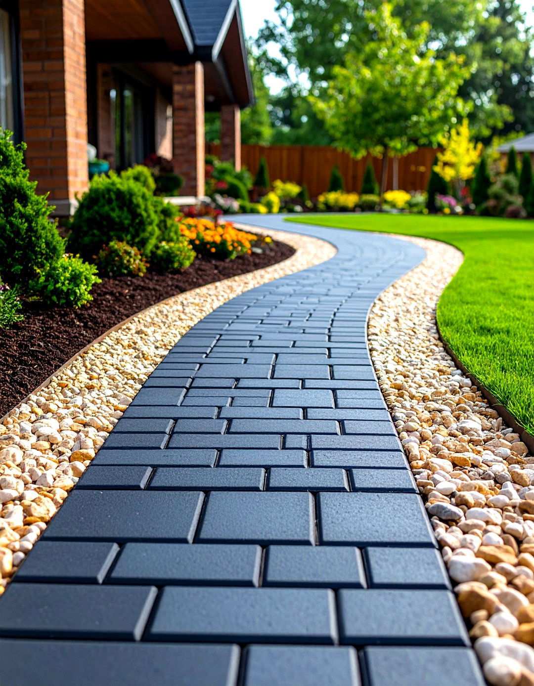 Black Brick Walkway with Gravel Accent Strips - 20 Black Brick Walkway Ideas