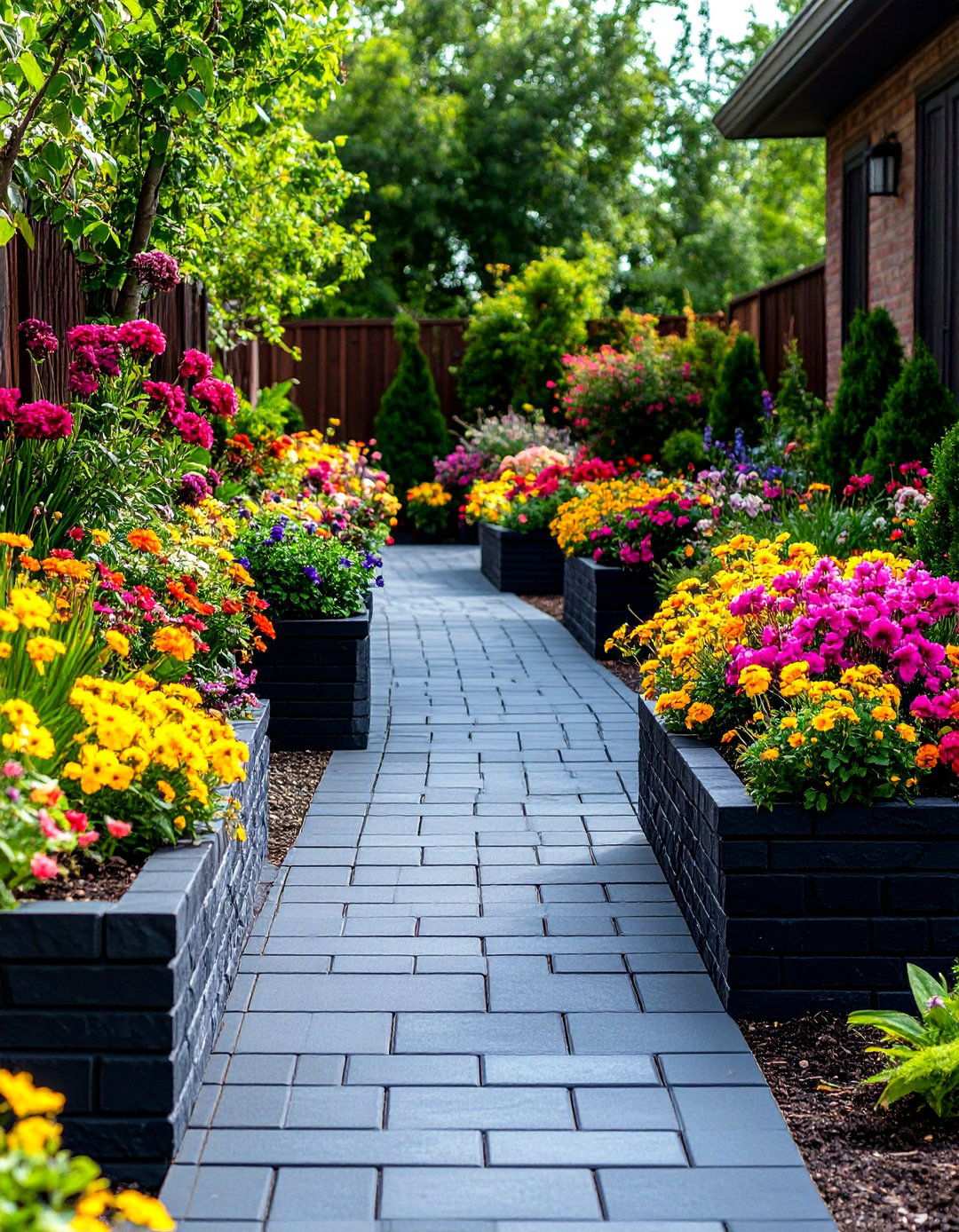 Black Brick Walkway with Integrated Planters - 20 Black Brick Walkway Ideas