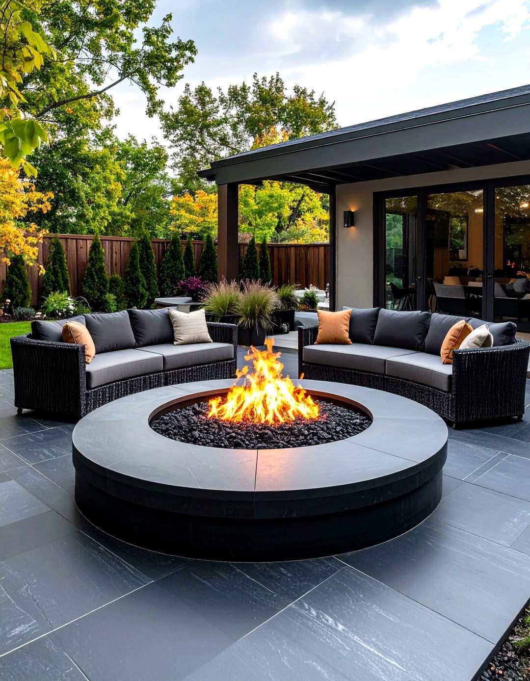 Black Broom Finished Concrete Patio with Fire Pit Integration - 20 black concrete patio ideas