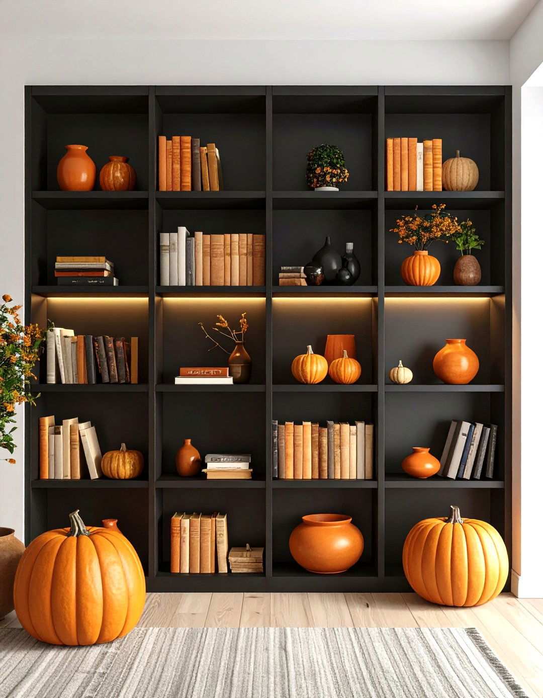 Black Built Ins with Orange Books - 20 Black and Orange Living Room Ideas