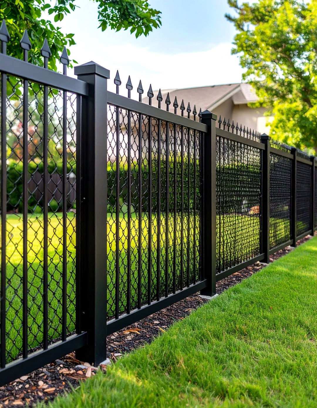 Black Chain Link Fence with Bottom Lock Privacy Slats - 20 Black Fence Ideas