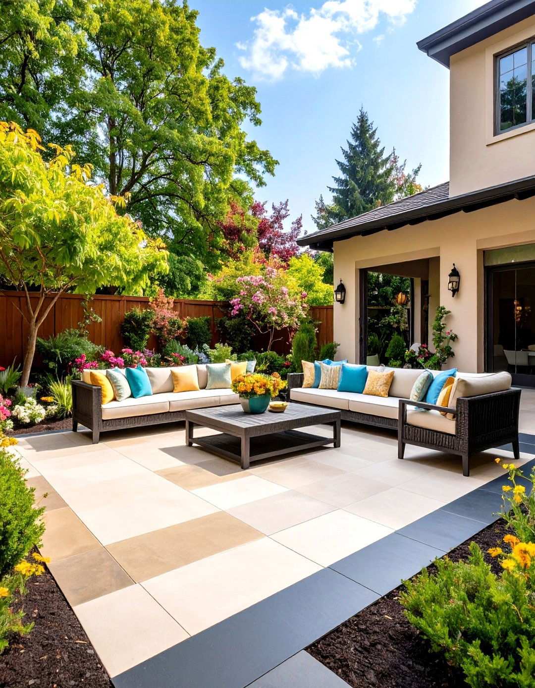 Black Concrete Patio with Colored Accent Borders - 20 black concrete patio ideas