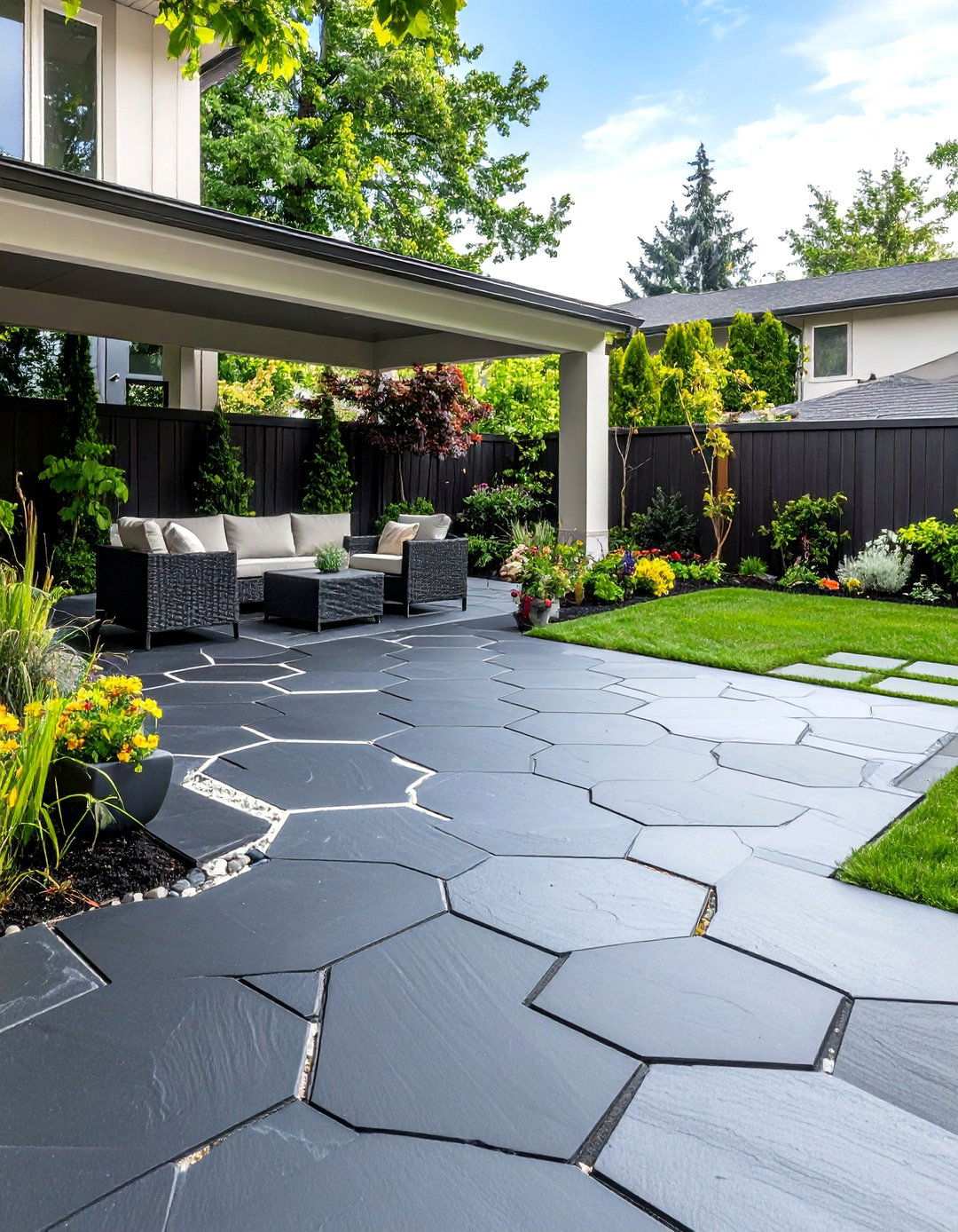 Black Concrete Patio with Geometric Border Patterns - 20 black concrete patio ideas