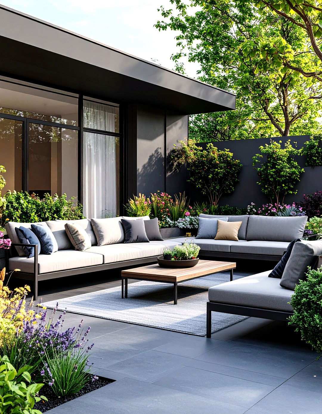 Black Concrete Patio with Seating Wall Integration - 20 black concrete patio ideas