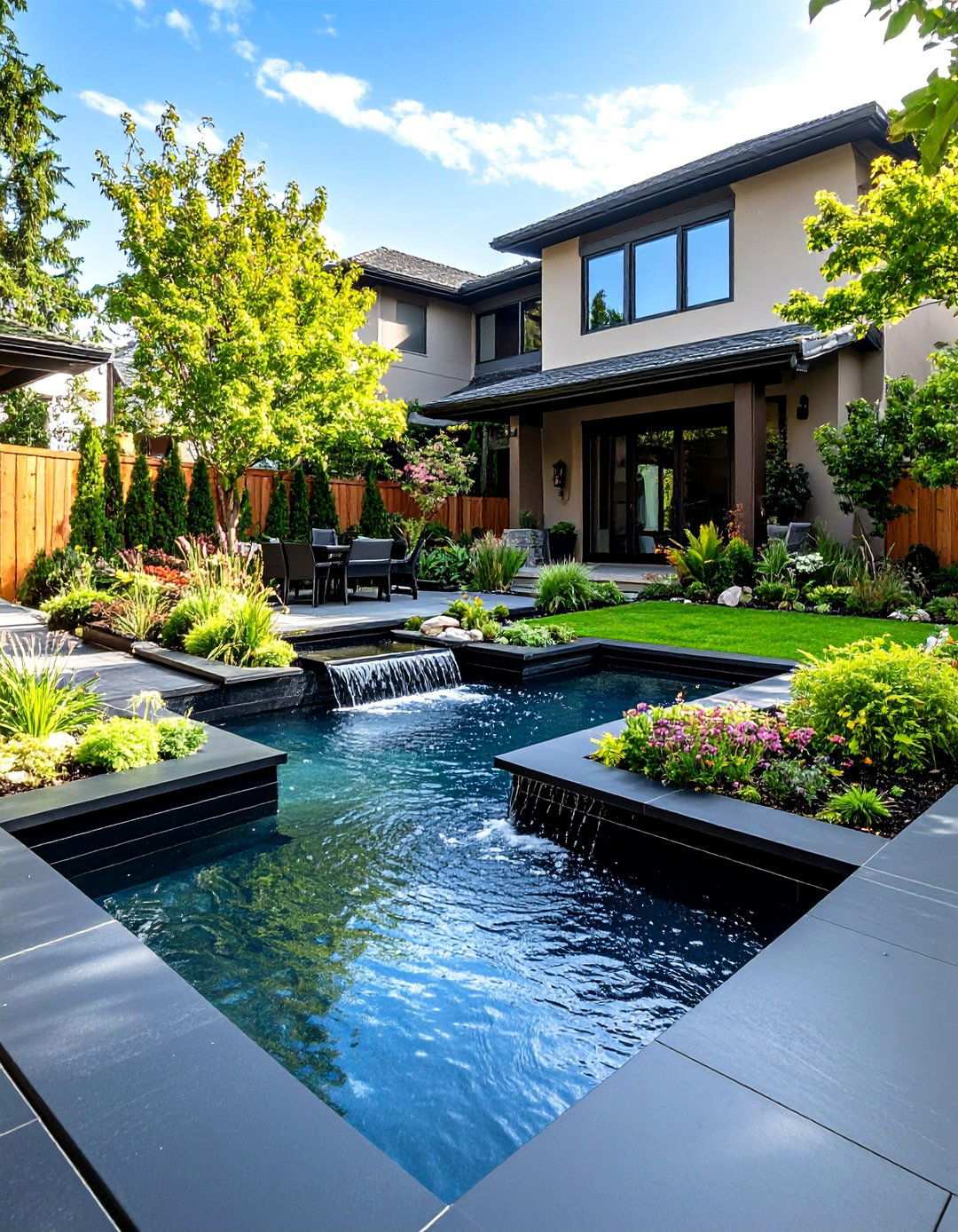Black Concrete Patio with Water Feature Integration - 20 black concrete patio ideas
