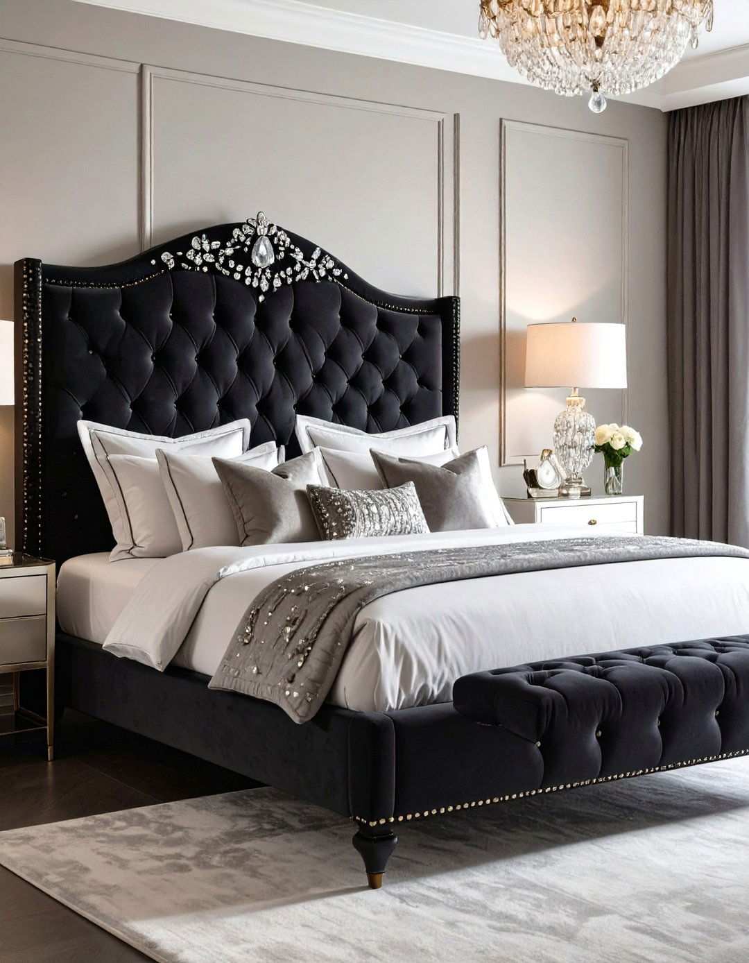 Black Crystal Tufted Headboard Glamorous Sparkle - 20 Black Headboard Bedroom Ideas