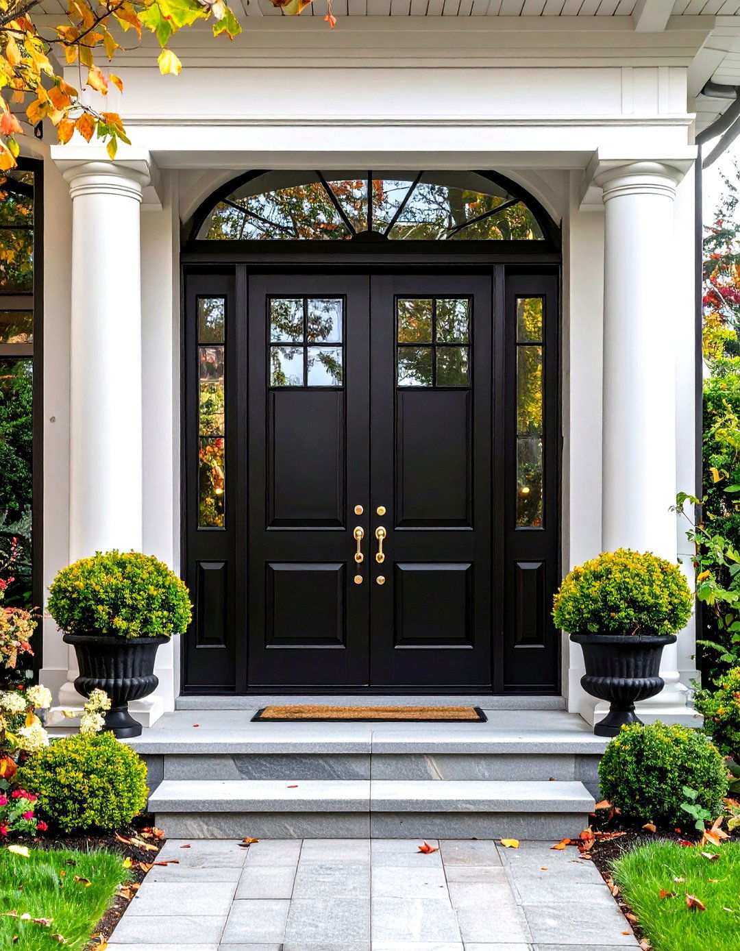 Black Double Front Doors with Slim Glass Panels - 20 Black Front Door Ideas