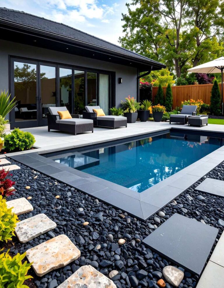 Black Exposed Aggregate Concrete Patio with Natural Stone Accents - 20 black concrete patio ideas