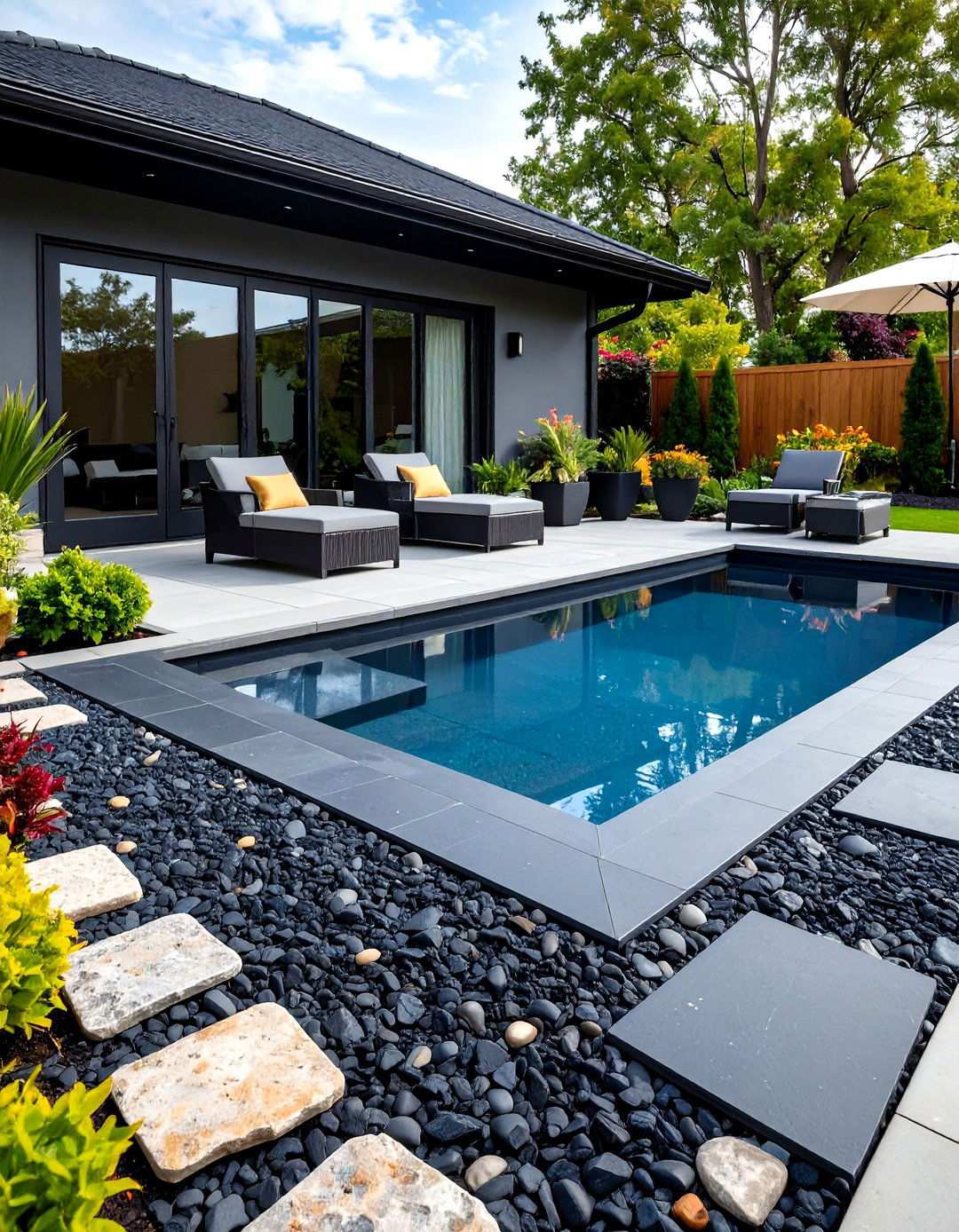 Black Exposed Aggregate Concrete Patio with Natural Stone Accents - 20 black concrete patio ideas